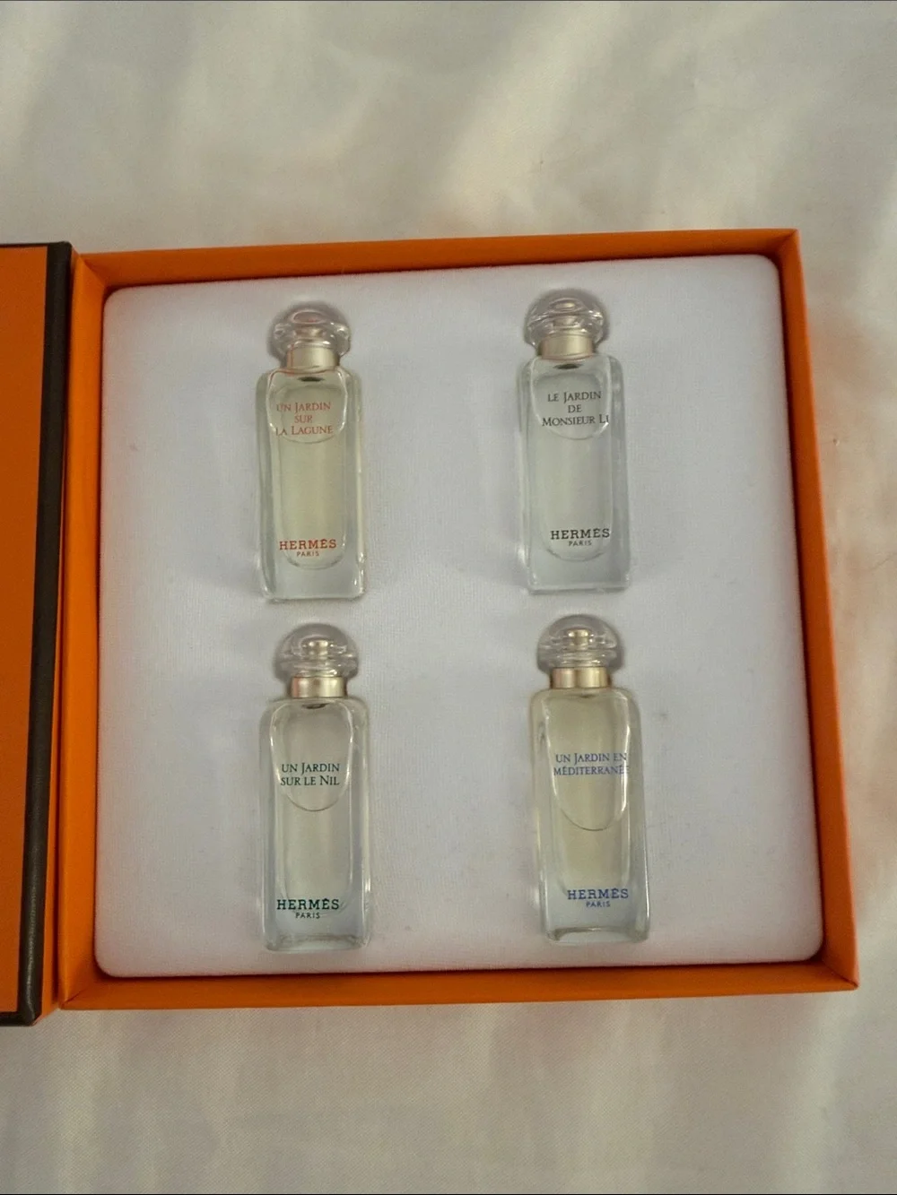 Hermes Vanity Set with Orange Presentation Box and Clear Glass Bottles